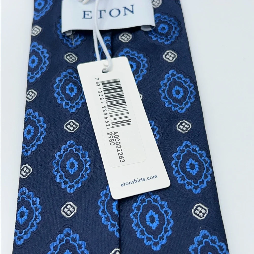 Eton Silk Tie Mens One Size Blue‎ Geometric Medallion Made In Italy Necktie NWT